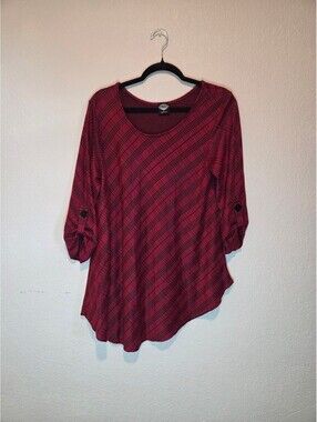 Cal Style Women's Burgundy Plaid 3/4 Sleeve Tunic Top Size L